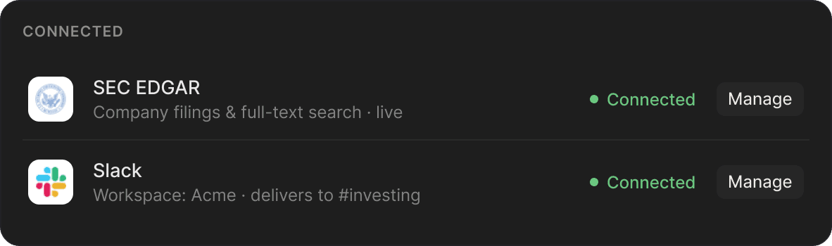 Connected integrations: SEC EDGAR and Slack