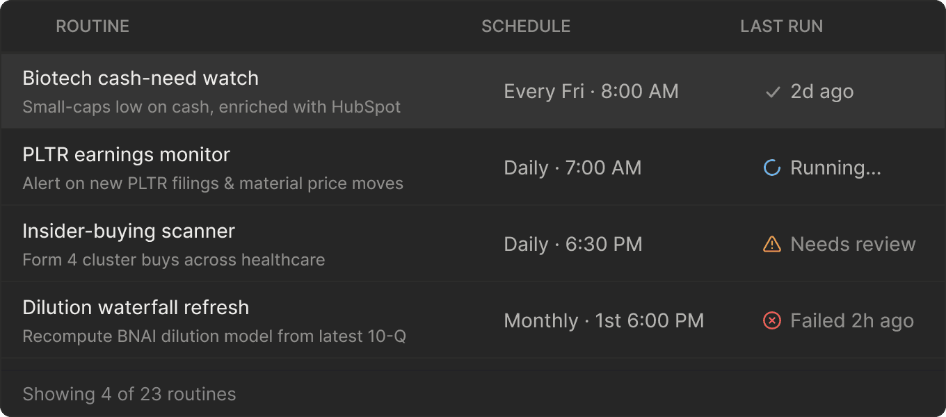 Routines table with scheduled agent runs